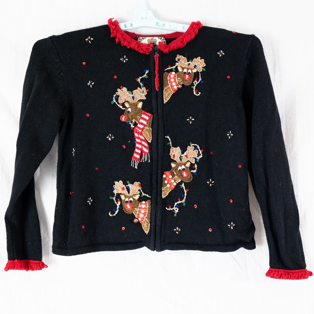 Tiara Petites Rudolph Ugly Christmas Sweater Womens Size PM Cardigan